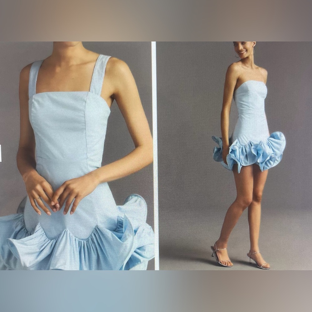 ANTHROPOLOGIE MAEVE STRAPLESS RUFFLE MINI DRESS COLOR SKYRIDE SIZE L NWT - Picture 2 of 11